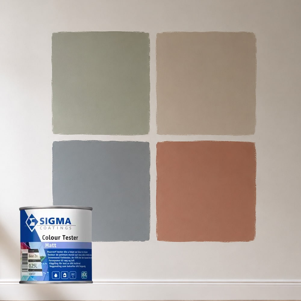 Sigma Colour Tester matt 4 kleuren voorbeeld op muur