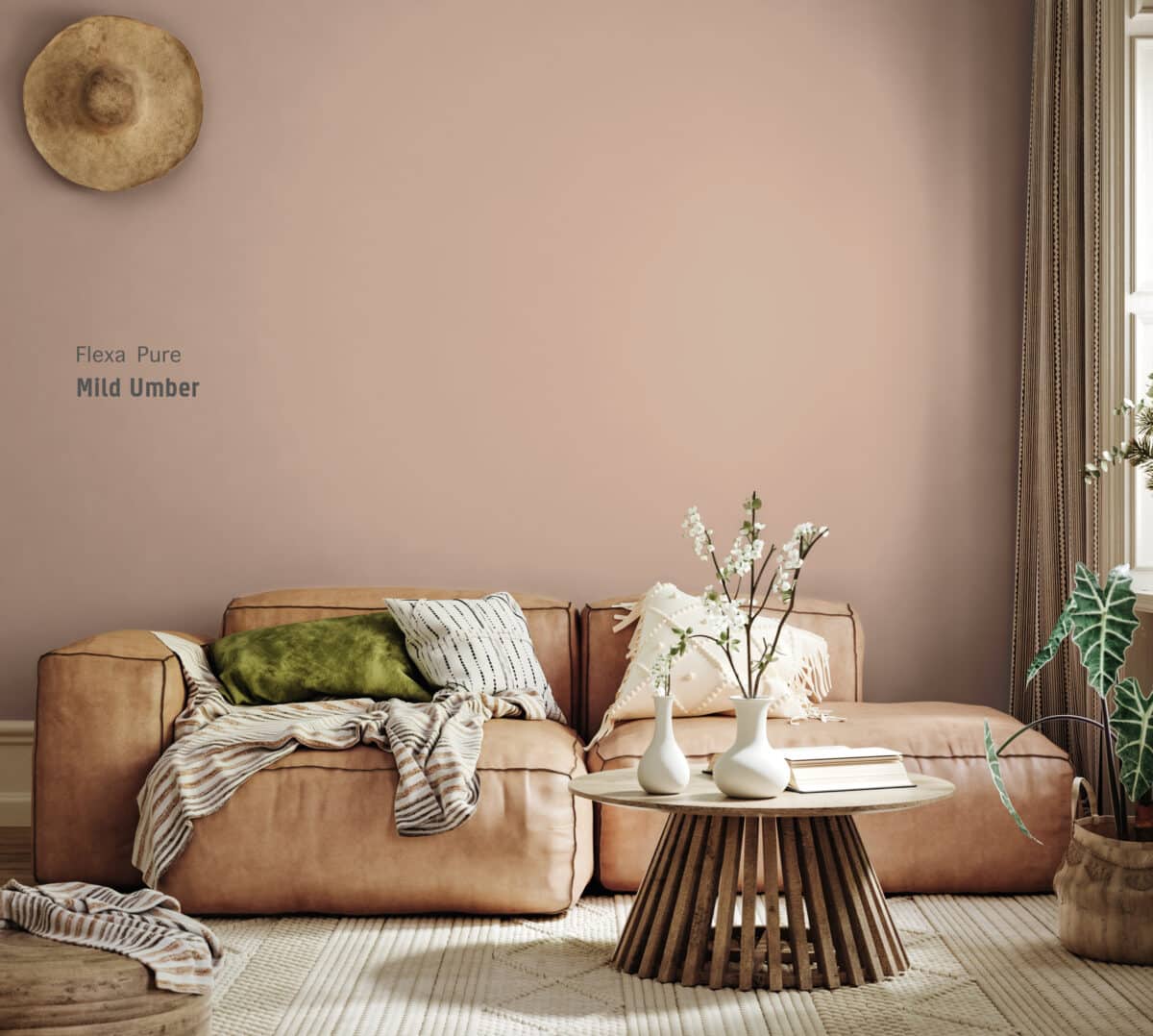Home interior mockup, living room in green and beige tones, 3d r
