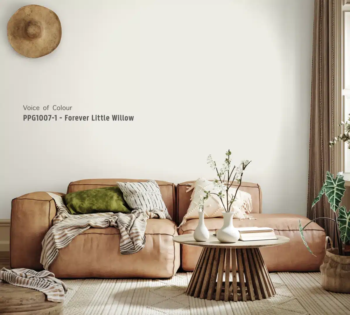Kleur PPG1007 1   Forever Little Willow voorbeeld op de muur